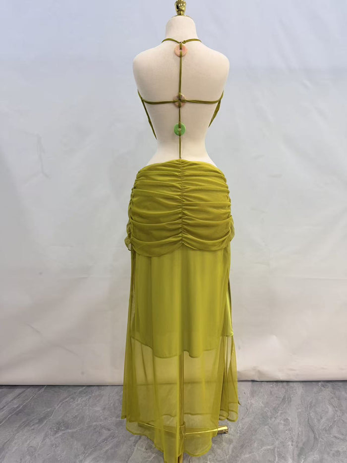 Women's Bohemian Halter Neck Beaded Drawstring Dress