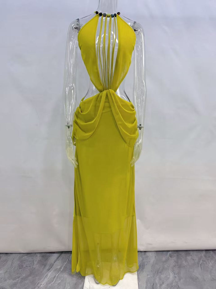 Women's Bohemian Halter Neck Beaded Drawstring Dress
