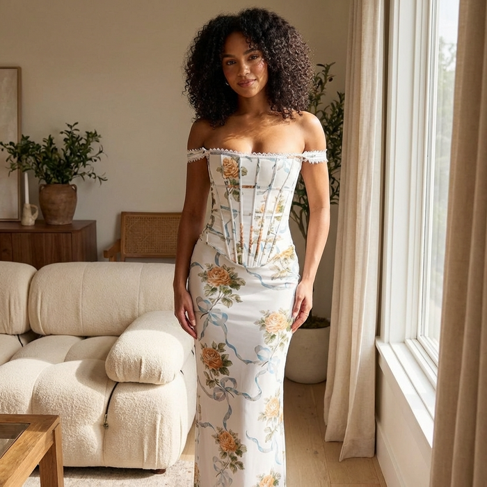 Women's Botanical Print Bodycon Maxi Dress – Sleeveless Slim Fit Long Dress with Oil Painting Floral Design
