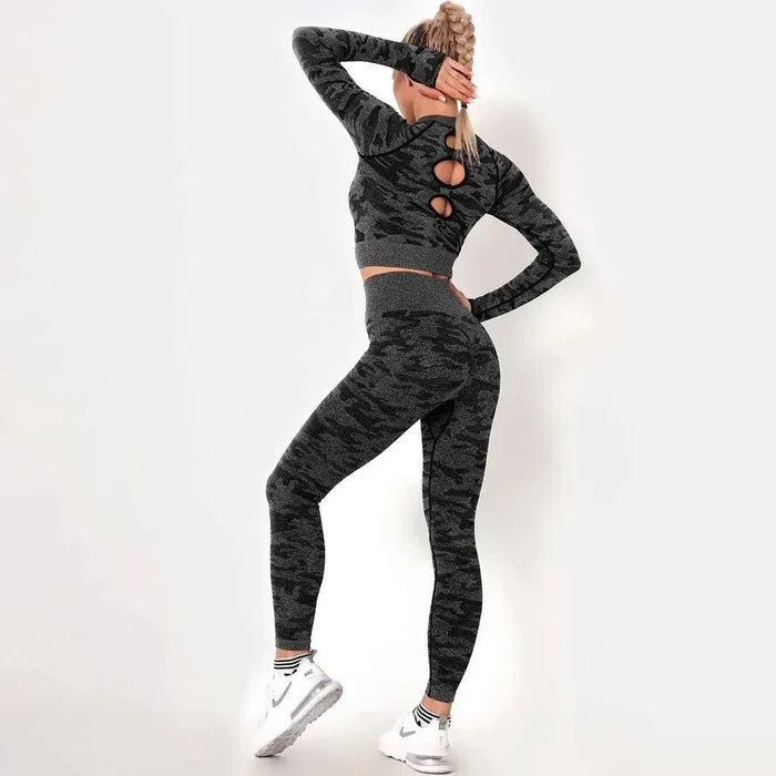 Women’s Camouflage Activewear Yoga Suit - 2 Pc Backless Long Sleeve Top & Seamless Leggings Set - Workout Clothes for Women - Allen-Fitness