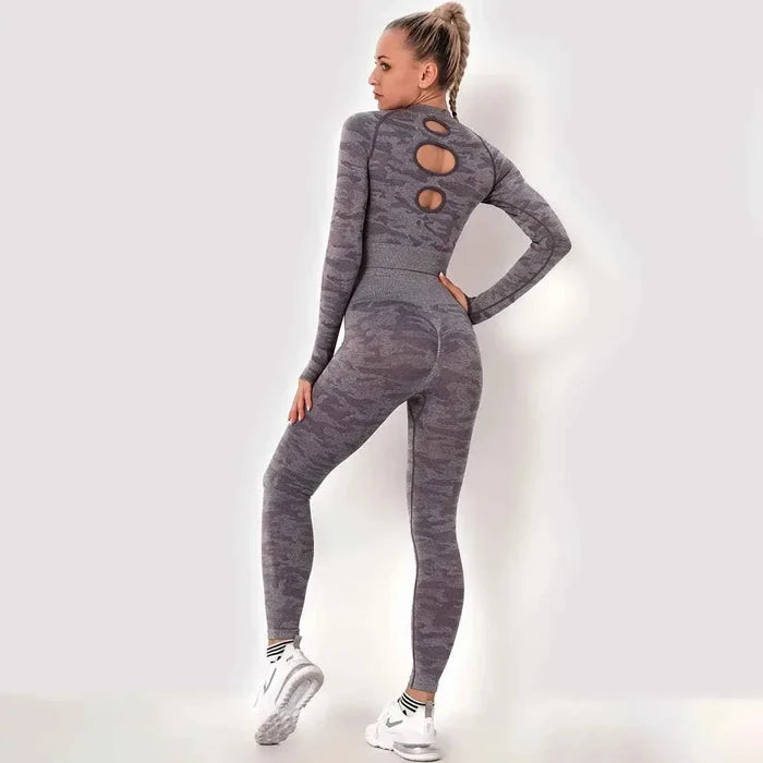 Women’s Camouflage Activewear Yoga Suit - 2 Pc Backless Long Sleeve Top & Seamless Leggings Set - Workout Clothes for Women - Allen-Fitness