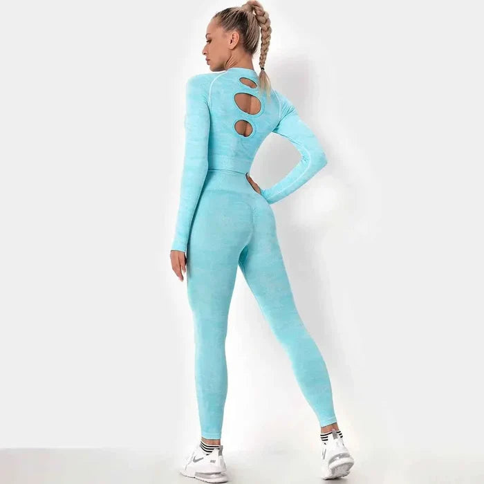 Women’s Camouflage Activewear Yoga Suit - 2 Pc Backless Long Sleeve Top & Seamless Leggings Set - Workout Clothes for Women - Allen-Fitness