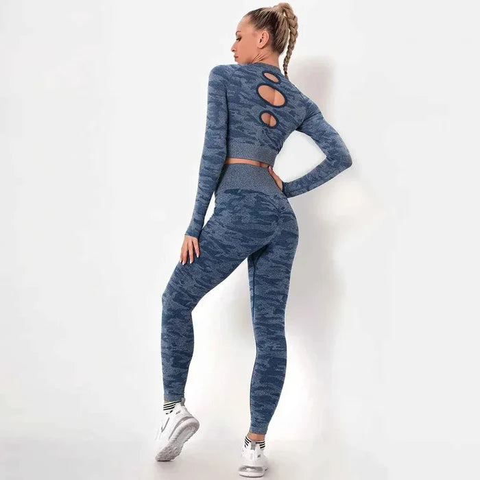 Women’s Camouflage Activewear Yoga Suit - 2 Pc Backless Long Sleeve Top & Seamless Leggings Set - Workout Clothes for Women - Allen-Fitness