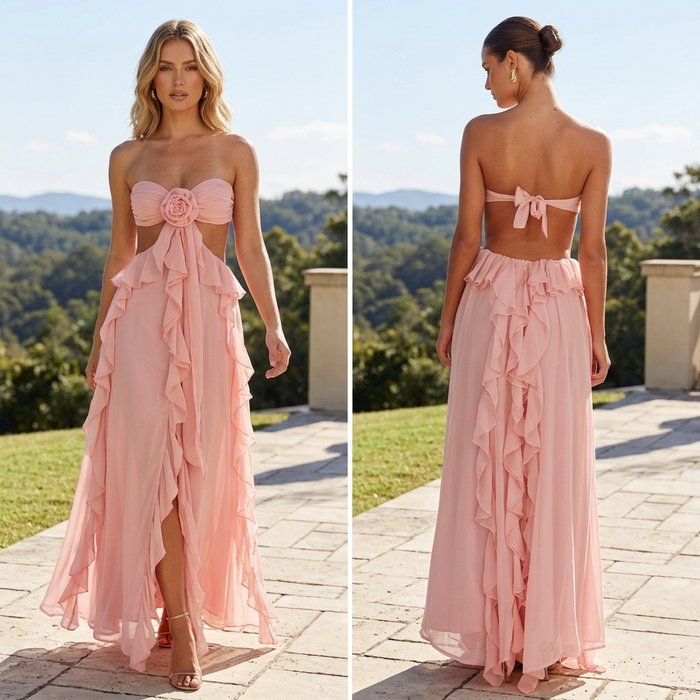 Women's Chiffon Ruffled Strapless Maxi Dress