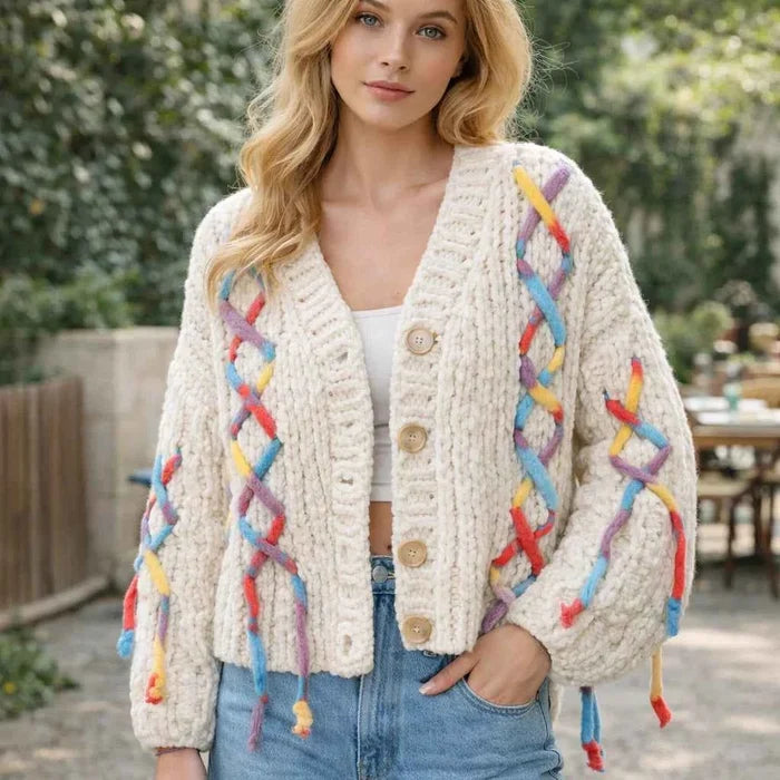 Women's Chunky Knit Cardigan — Hand-Knitted V-Neck Relaxed Fit Sweater