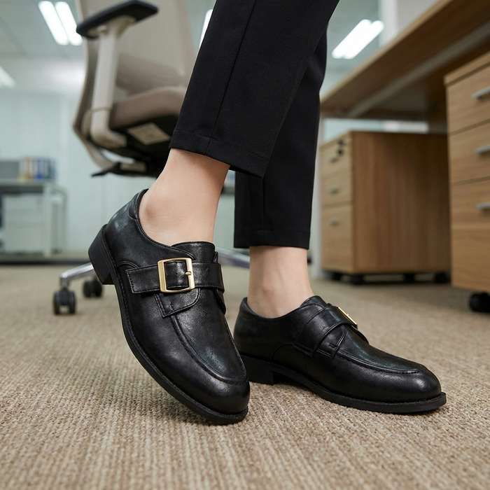 Women's Classic Leather Loafers – French-Inspired Belt Buckle Slip-On