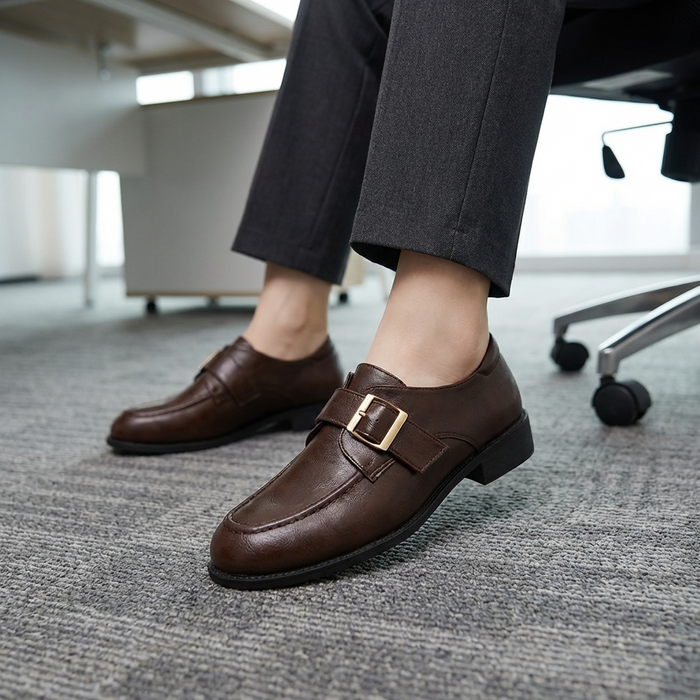 Women's Classic Leather Loafers – French-Inspired Belt Buckle Slip-On