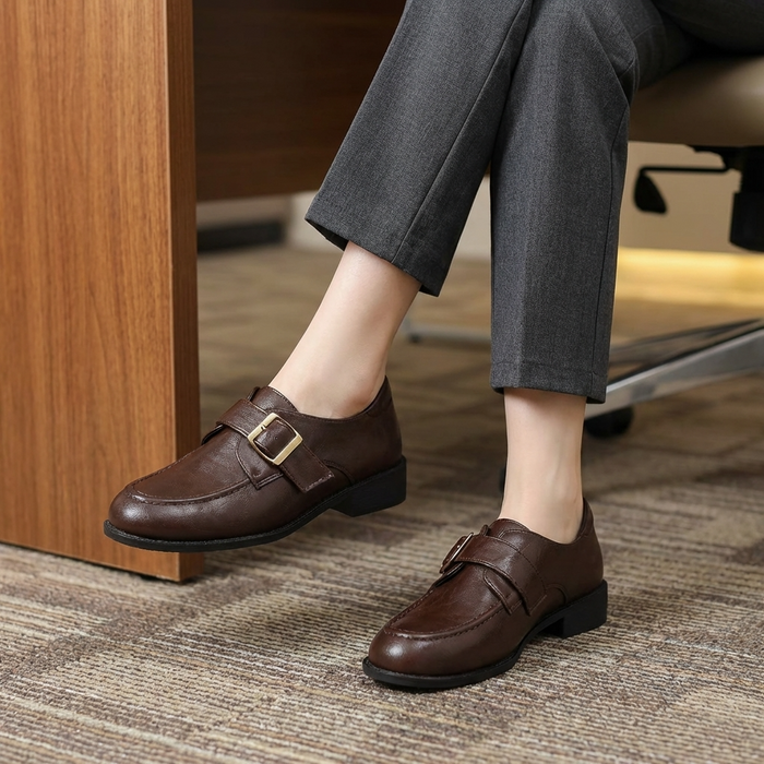 Women's Classic Leather Loafers – French-Inspired Belt Buckle Slip-On