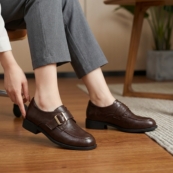 Women's Classic Leather Loafers – French-Inspired Belt Buckle Slip-On