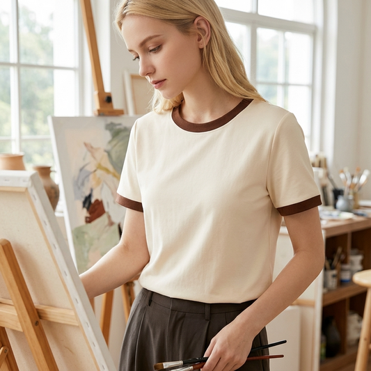 Women's Cotton Color-Block T-Shirt – Short Sleeve Round Neck Top