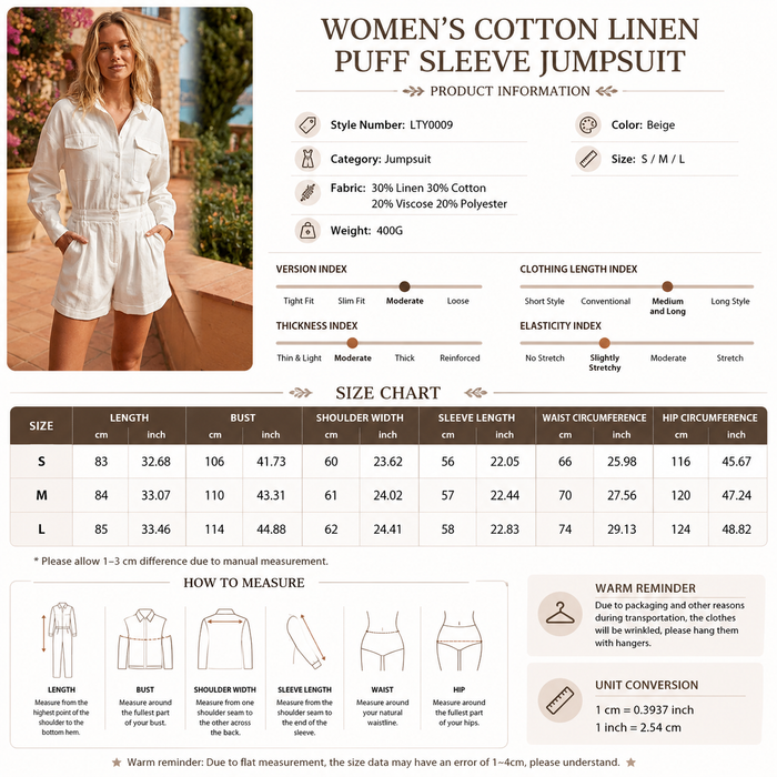 Women's Cotton Linen Puff Sleeve Jumpsuit – High-Waist Shorts Romper in Beige