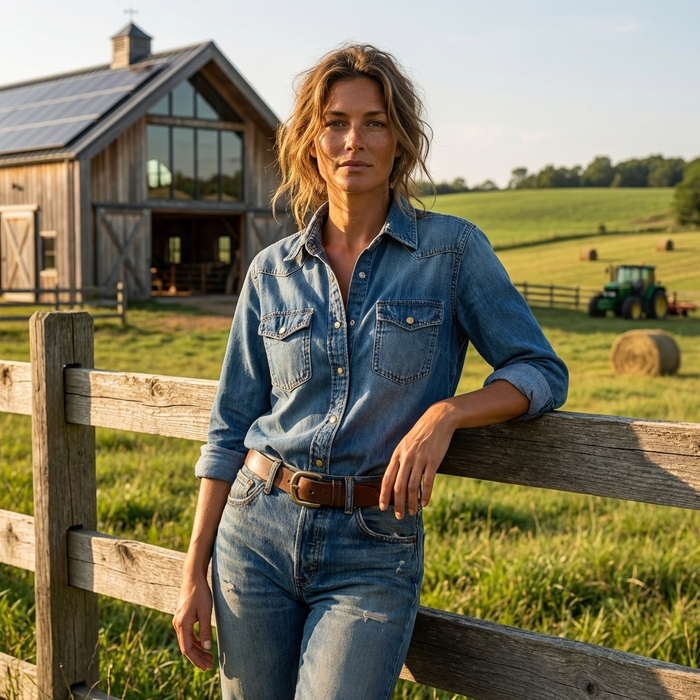 Women’s Cowboy Denim Shirt – Loose Fit Button-Up Western Style Top with Geometric Detail, Long Sleeves