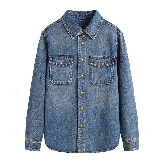 Women’s Cowboy Denim Shirt – Loose Fit Button-Up Western Style Top with Geometric Detail, Long Sleeves