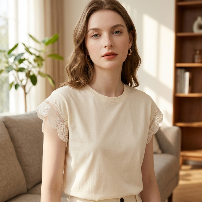 Women’s Cream Yellow Lace Trim T-Shirt – Soft Cotton Short Sleeve Crew Neck Tee with Elegant Lace Detail & Relaxed Fit for Summer Casual Wear