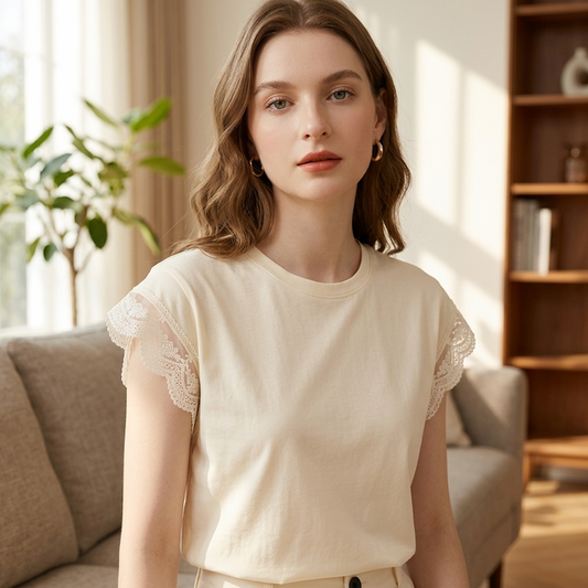 Women’s Cream Yellow Lace Trim T-Shirt – Soft Cotton Short Sleeve Crew Neck Tee with Elegant Lace Detail & Relaxed Fit for Summer Casual Wear