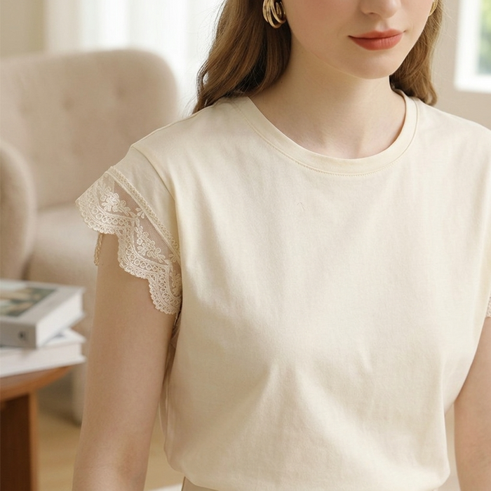Women’s Cream Yellow Lace Trim T-Shirt – Soft Cotton Short Sleeve Crew Neck Tee with Elegant Lace Detail & Relaxed Fit for Summer Casual Wear