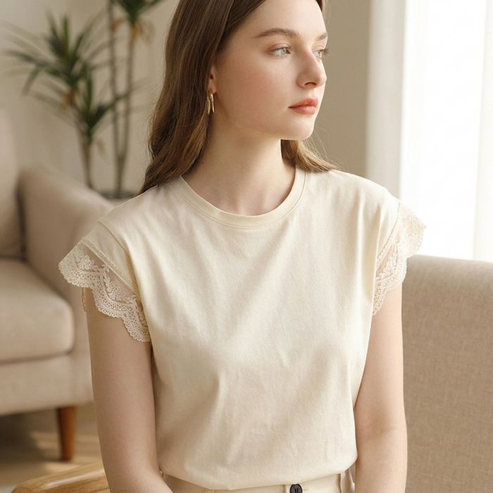 Women’s Cream Yellow Lace Trim T-Shirt – Soft Cotton Short Sleeve Crew Neck Tee with Elegant Lace Detail & Relaxed Fit for Summer Casual Wear
