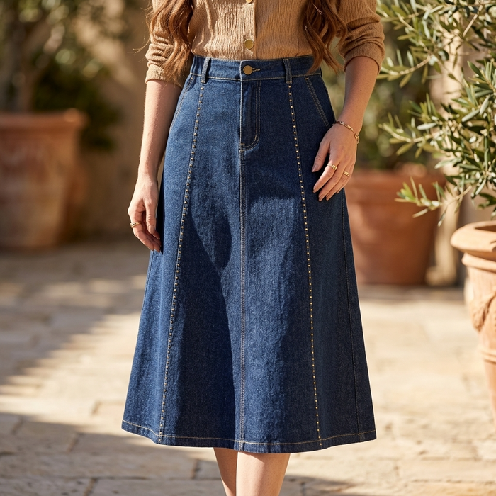 Women's Denim Blend A-Line Midi Skirt – High-Waisted Fade-Resistant