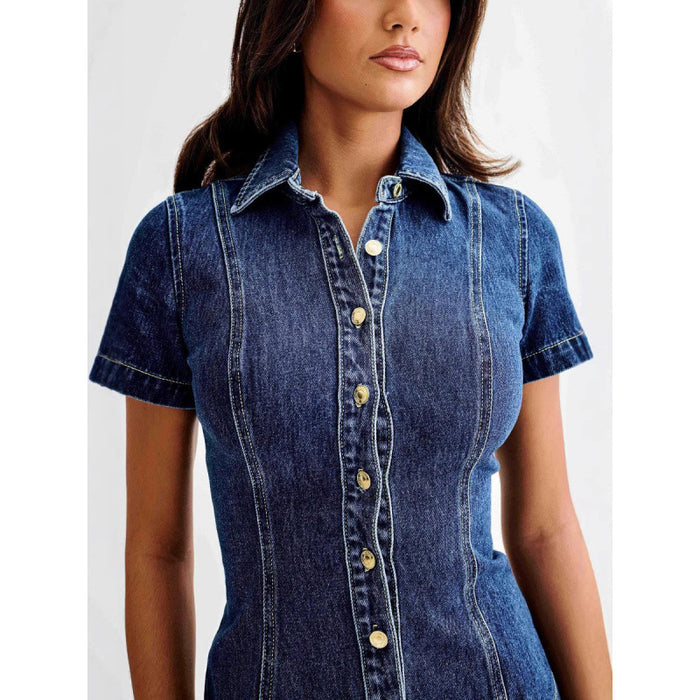 Women's Denim Button-Up Top & High-Waist Mini Skirt Set