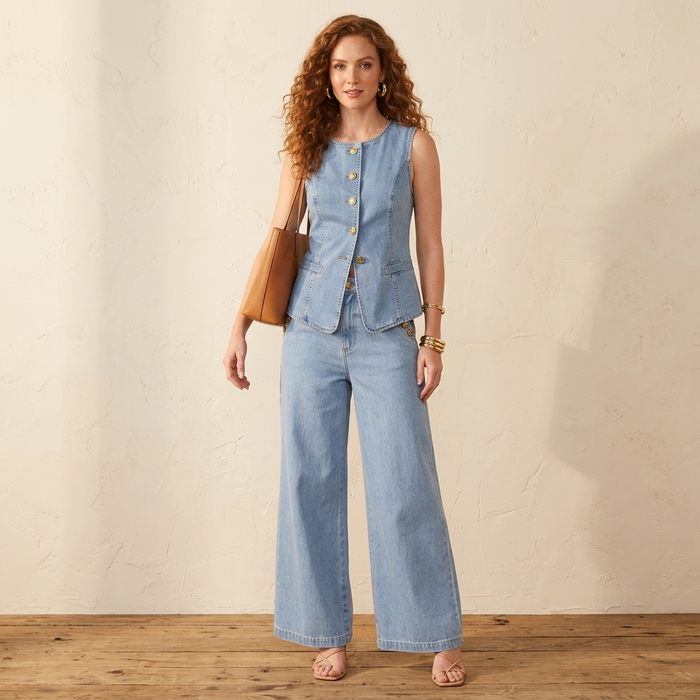 Women's Denim Sleeveless Top & Wide-Leg Pants 2-Piece Set