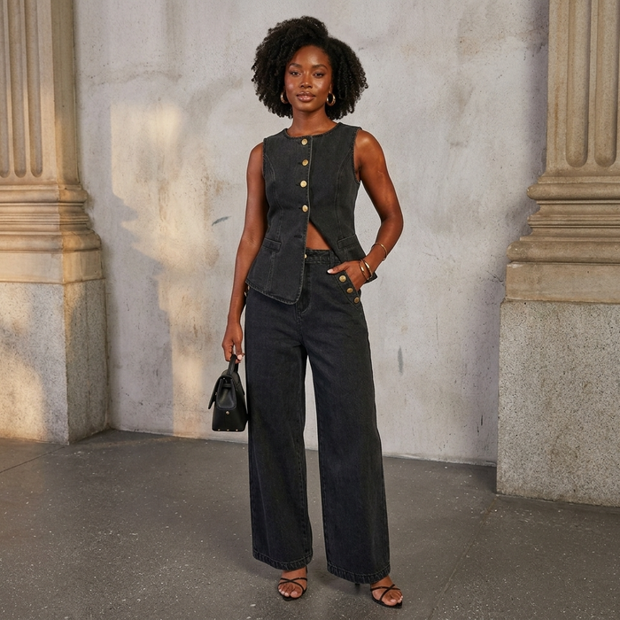 Women's Denim Sleeveless Top & Wide-Leg Pants 2-Piece Set