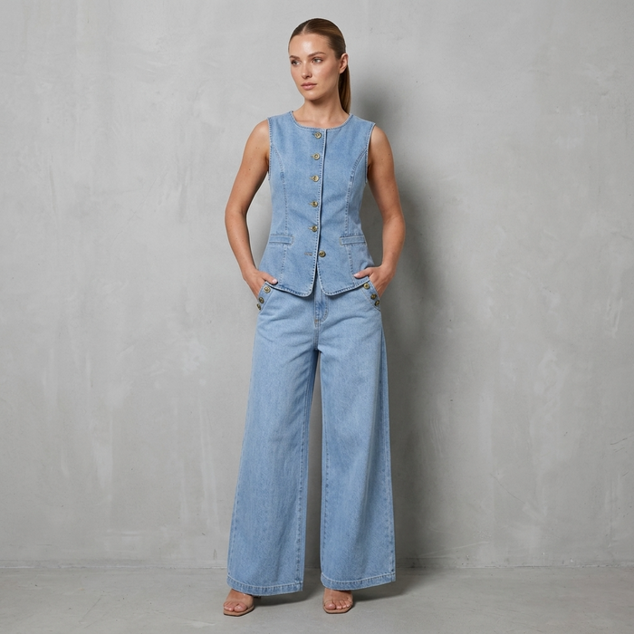 Women's Denim Sleeveless Top & Wide-Leg Pants 2-Piece Set