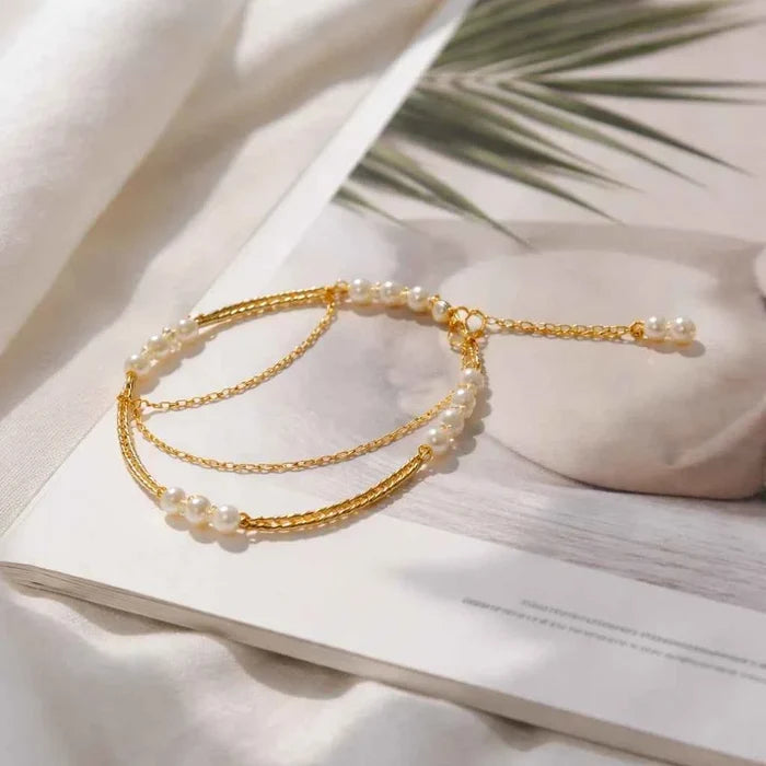 Women's Double-Layer Freshwater Pearl Bracelet – 14K Gold Plated, 4–5mm Pearls, Minimalist Tassel, Handmade, 16+3cm