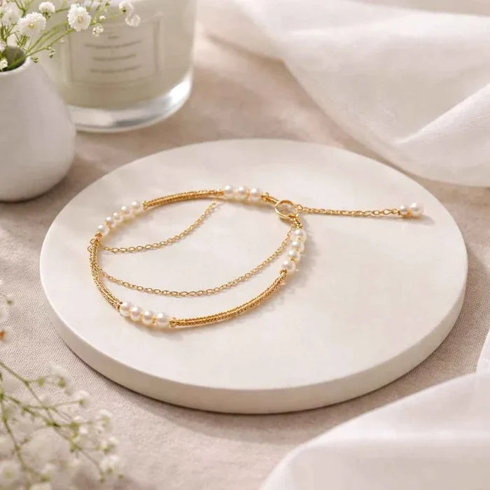 Women's Double-Layer Freshwater Pearl Bracelet – 14K Gold Plated, 4–5mm Pearls, Minimalist Tassel, Handmade, 16+3cm