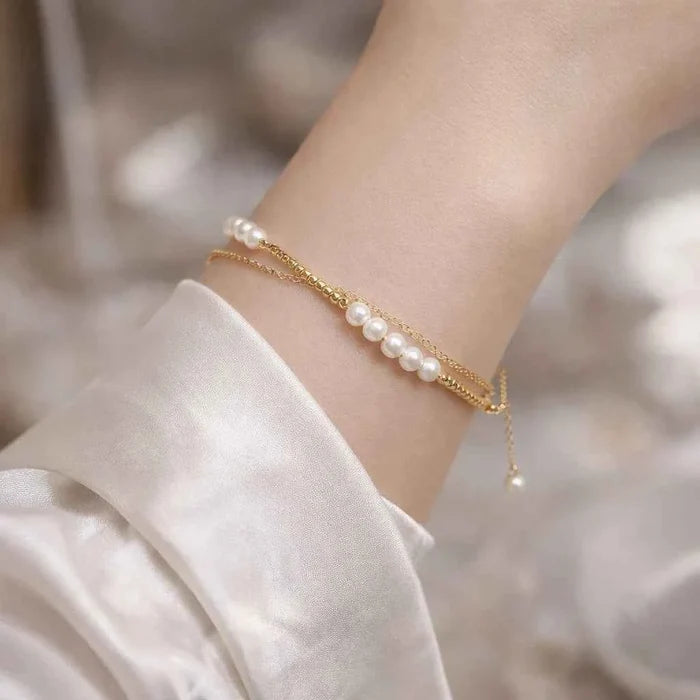 Women's Double-Layer Freshwater Pearl Bracelet – 14K Gold Plated, 4–5mm Pearls, Minimalist Tassel, Handmade, 16+3cm