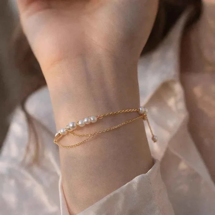 Women's Double-Layer Freshwater Pearl Bracelet – 14K Gold Plated, 4–5mm Pearls, Minimalist Tassel, Handmade, 16+3cm