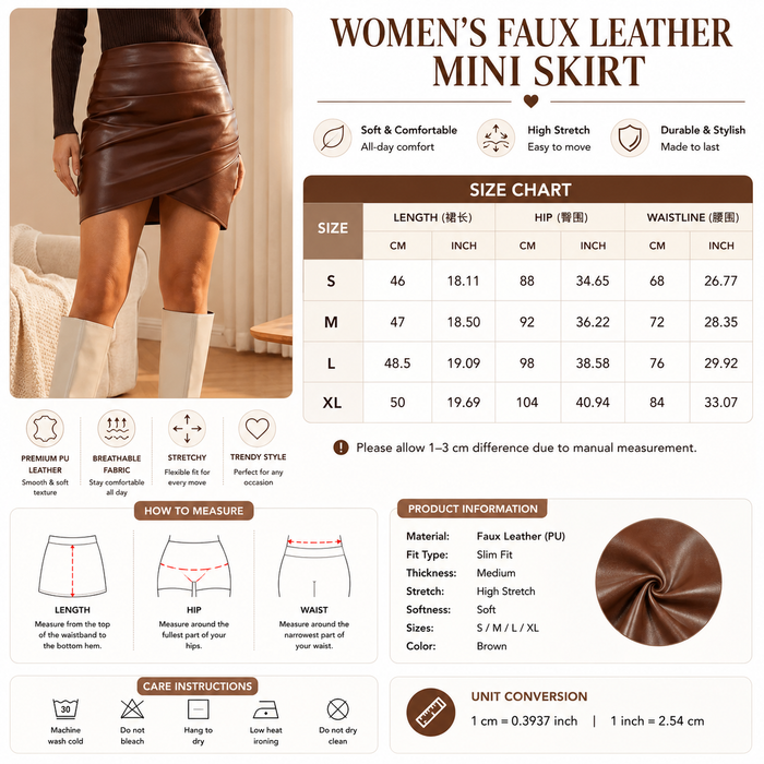 Women's Elegant PU Leather A-Line Mini Skirt – High Waist Slim Fit Short Skirt with Smooth Finish & Chic Commuter Style