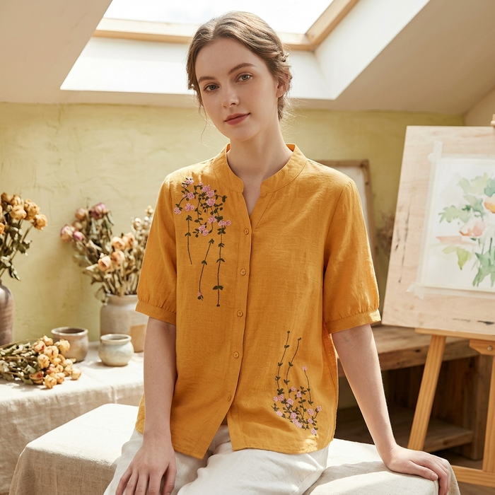 Women's Embroidered Cotton Linen Short Sleeve Shirt
