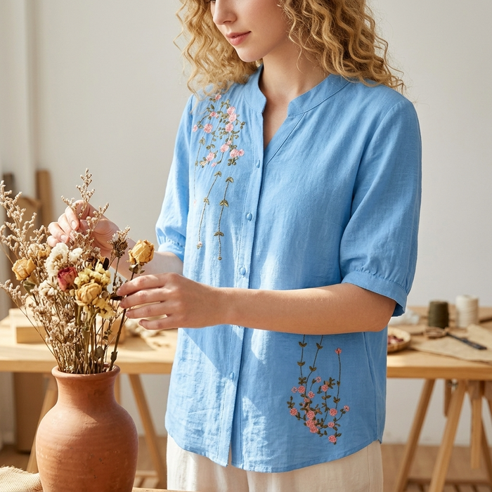 Women's Embroidered Cotton Linen Short Sleeve Shirt