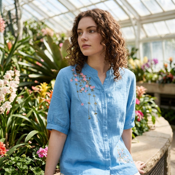 Women's Embroidered Cotton Linen Short Sleeve Shirt