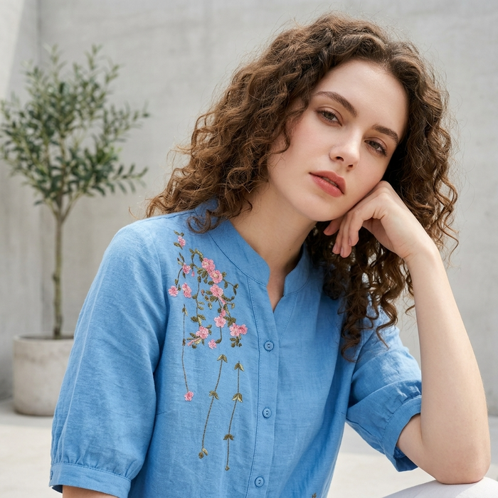 Women's Embroidered Cotton Linen Short Sleeve Shirt