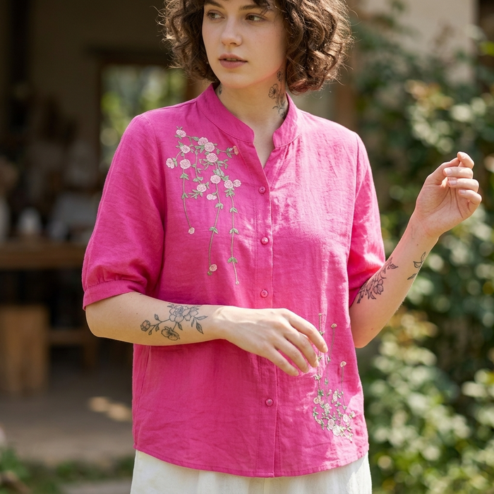 Women's Embroidered Cotton Linen Short Sleeve Shirt