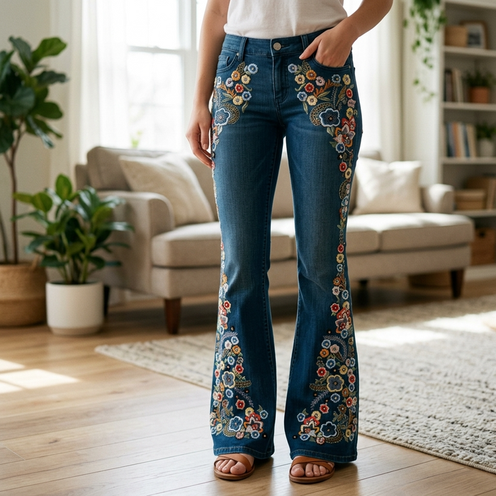 Women's Embroidered Flared Denim Jeans – Mid-Waist Micro-Flare