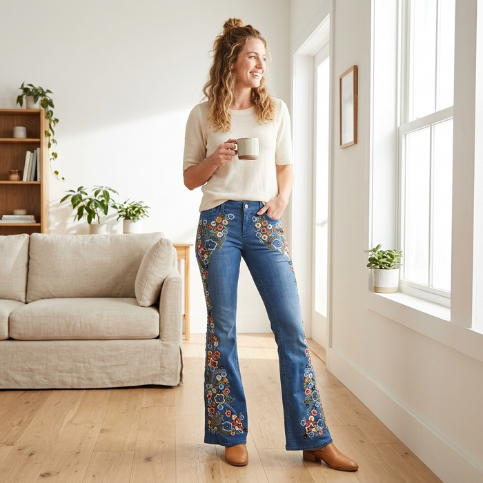 Women's Embroidered Flared Denim Jeans – Mid-Waist Micro-Flare