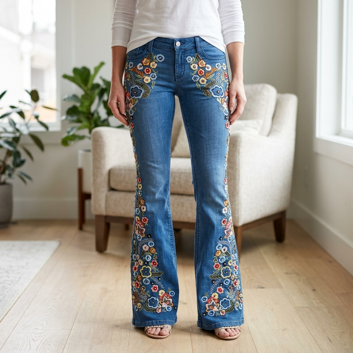 Women's Embroidered Flared Denim Jeans – Mid-Waist Micro-Flare