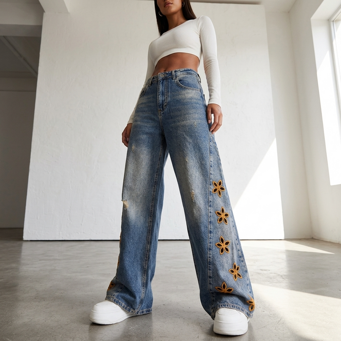 Women's Embroidered High-Waist Loose Denim Jeans