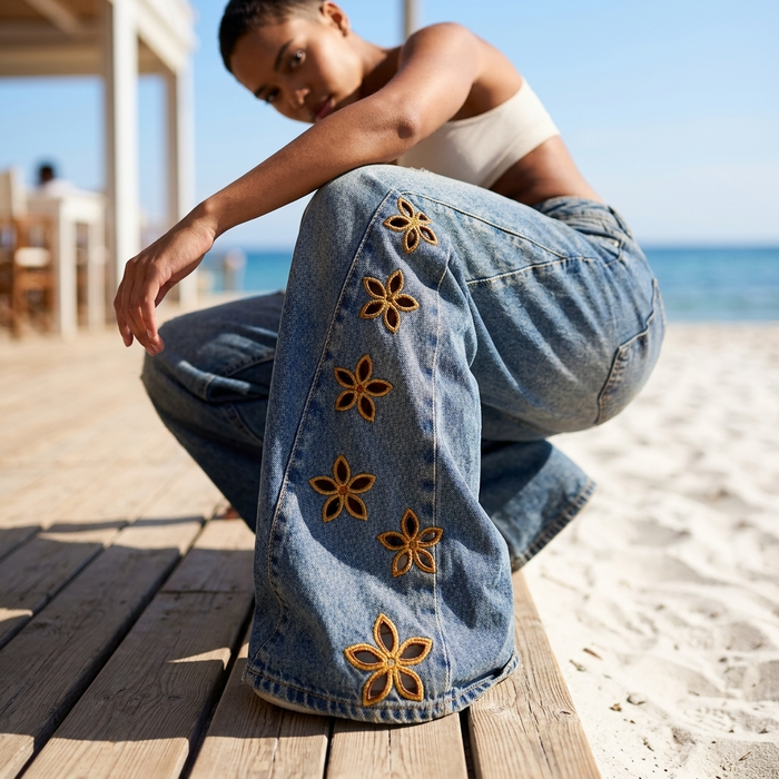Women's Embroidered High-Waist Loose Denim Jeans