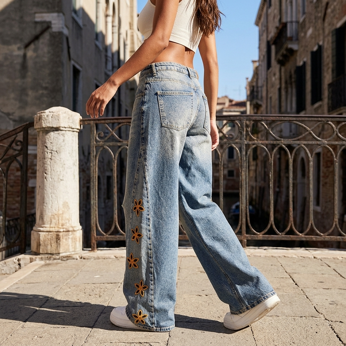 Women's Embroidered High-Waist Loose Denim Jeans