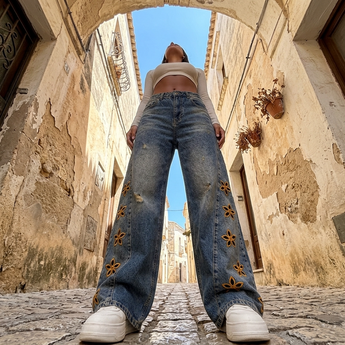 Women's Embroidered High-Waist Loose Denim Jeans