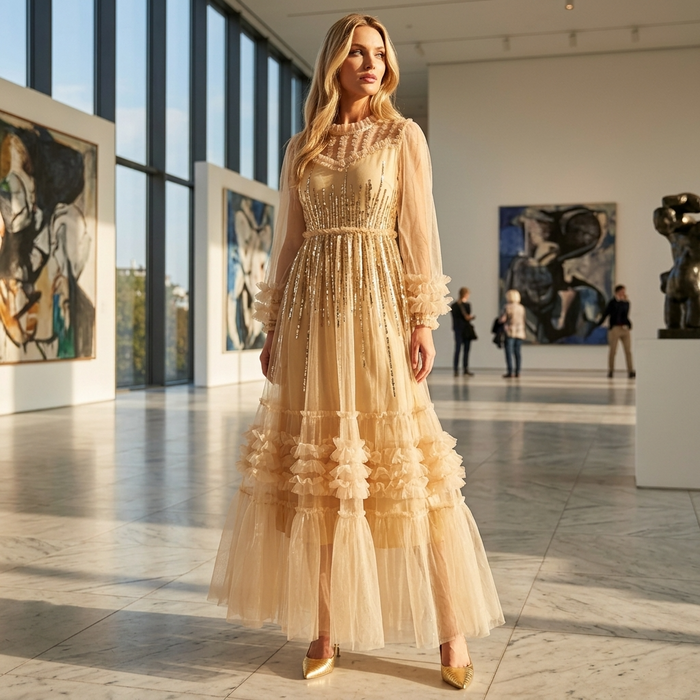 Women's Embroidered Sequin Mesh Dress – Long Sleeve High-Waist Ruffle Cake Skirt
