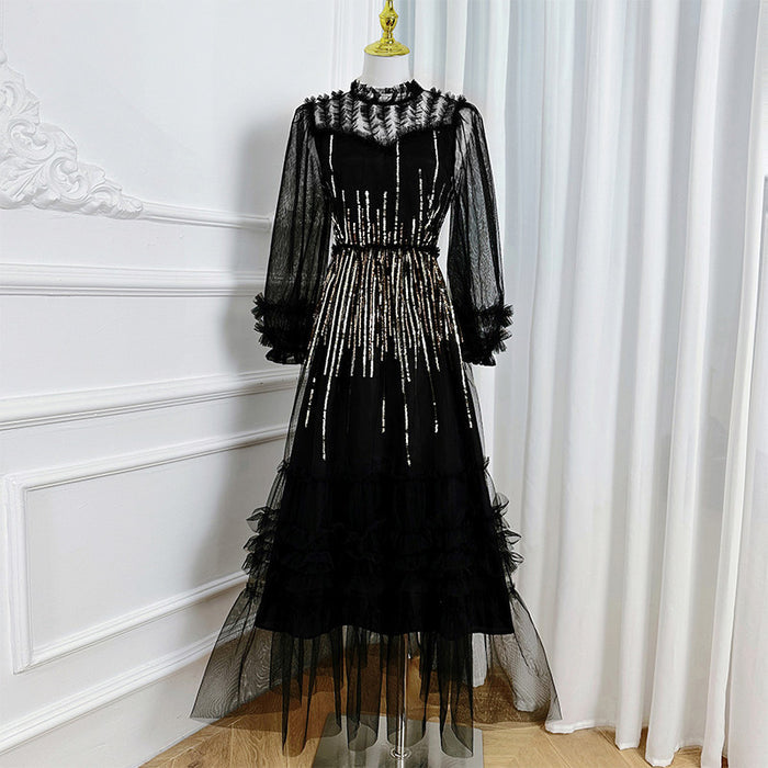 Women's Embroidered Sequin Mesh Dress – Long Sleeve High-Waist Ruffle Cake Skirt