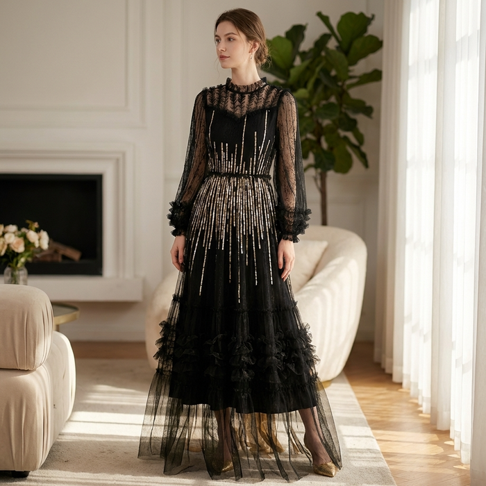 Women's Embroidered Sequin Mesh Dress – Long Sleeve High-Waist Ruffle Cake Skirt
