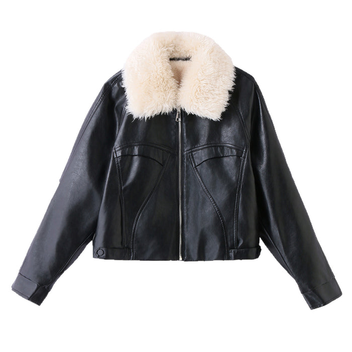 Women's Fleece-Lined Genuine Sheepskin Leather Jacket – Short Lapel Zip-Up Winter Coat