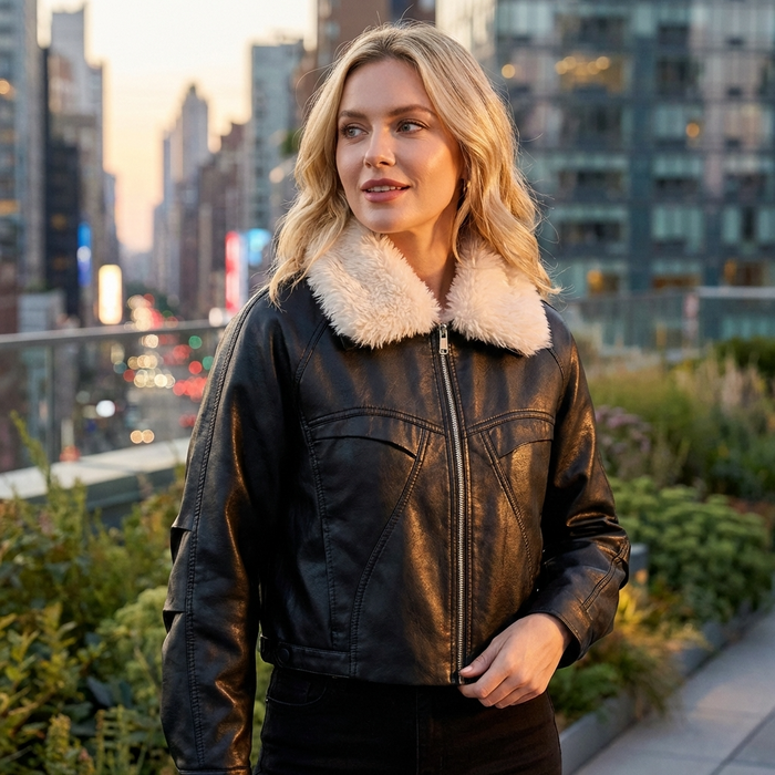 Women's Fleece-Lined Genuine Sheepskin Leather Jacket – Short Lapel Zip-Up Winter Coat