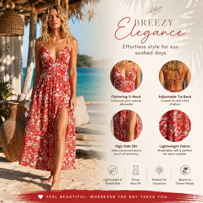Women's Floral Backless Summer Dress – Strap A-Line Midi Dress with V-Neck, Adjustable Tie-Up & Lightweight Elegant Design