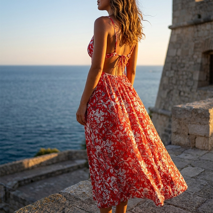 Women's Floral Backless Summer Dress – Strap A-Line Midi Dress with V-Neck, Adjustable Tie-Up & Lightweight Elegant Design